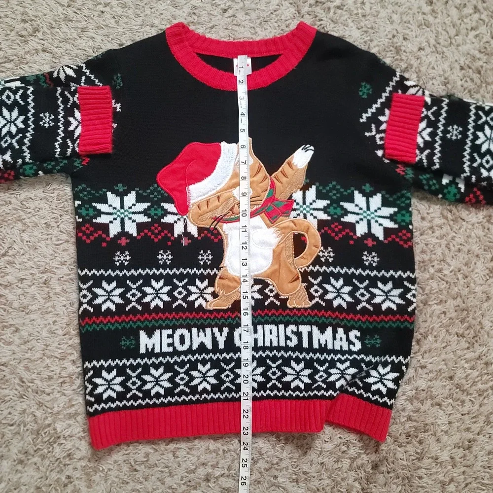 Holiday Time Ugly Christmas‎ Sweater XL 14-16 Husky Black Meowy Christmas Cat